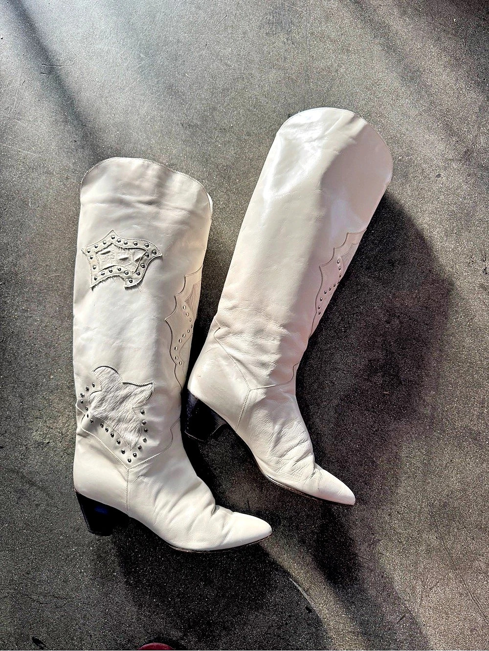 Vintage White Leather Embellished Heeled Boots